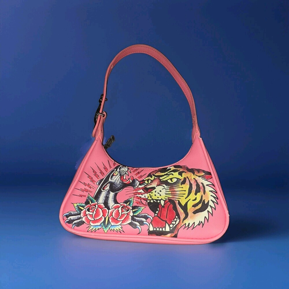 Ed Hardy x Siberia Hills Black Graphic Purse Shoulder Bag with Snake Zip